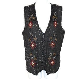 Vintage Hand Beaded Floral Silk Vest Sz M Sleeveless Button Front V Neck Black